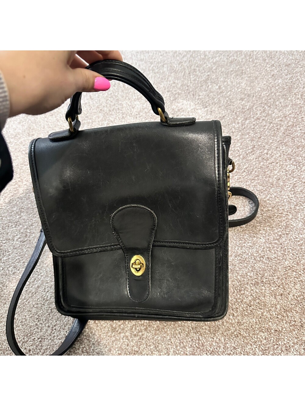 Vintage Coach Black Leather Crossbody Bag with Gold Hardware